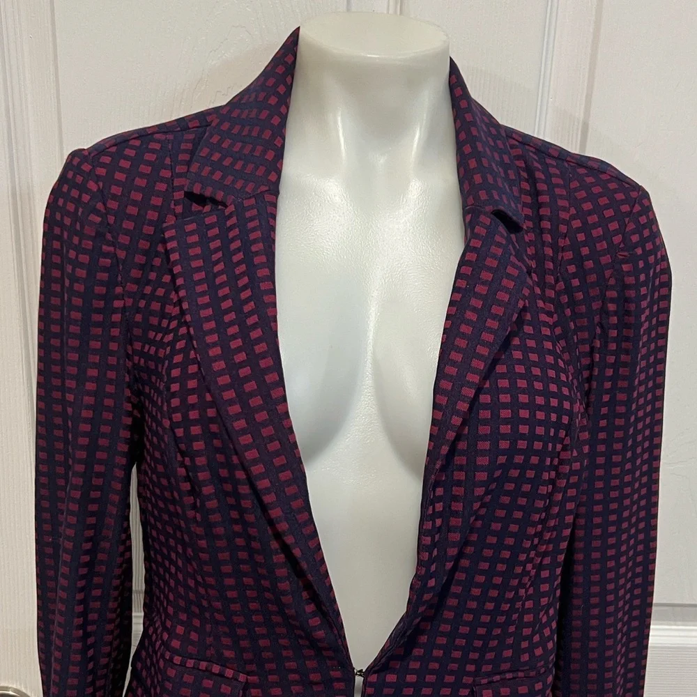 ModCloth navy maroon grid print bow back peblum blazer size large - Picture 3 of 8